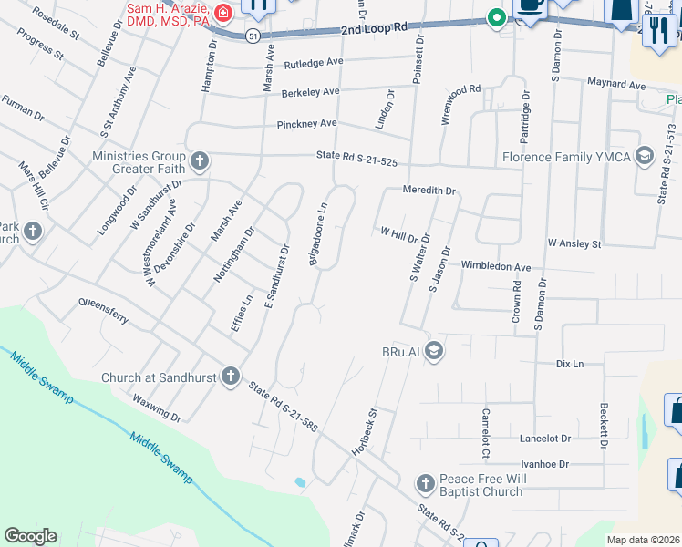 map of restaurants, bars, coffee shops, grocery stores, and more near 1861 Brigadoone Lane in Florence