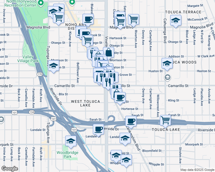map of restaurants, bars, coffee shops, grocery stores, and more near Vineland Ave & Lankershim Blvd & Camarillo St in Los Angeles