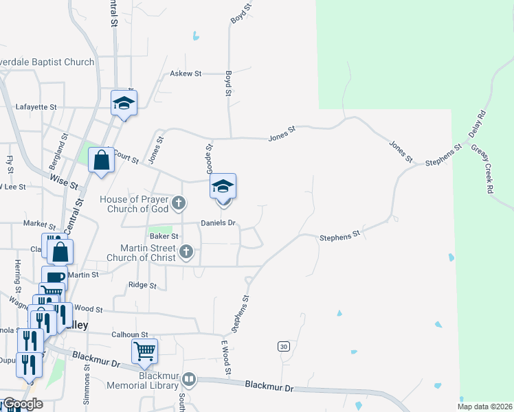 map of restaurants, bars, coffee shops, grocery stores, and more near 25 Oak Drive in Water Valley