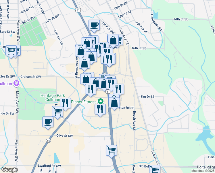 map of restaurants, bars, coffee shops, grocery stores, and more near 1720 2nd Avenue Southwest in Cullman