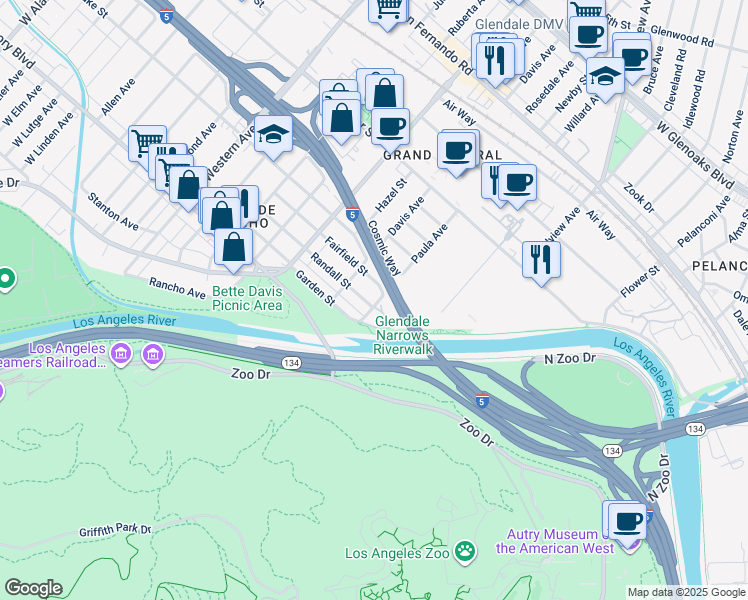 map of restaurants, bars, coffee shops, grocery stores, and more near 1303 Randall Street in Glendale