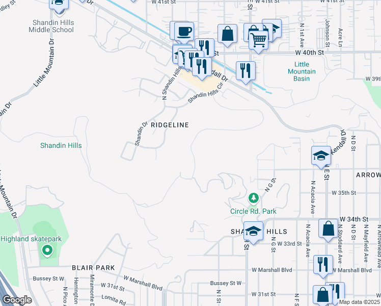 map of restaurants, bars, coffee shops, grocery stores, and more near 3570 Ridge Line Drive in San Bernardino