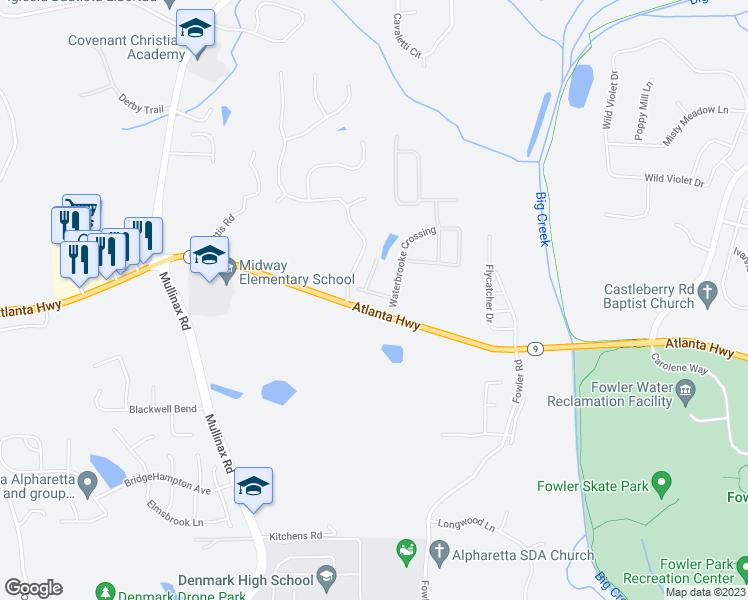 map of restaurants, bars, coffee shops, grocery stores, and more near 4665 Woodbine Way in Alpharetta