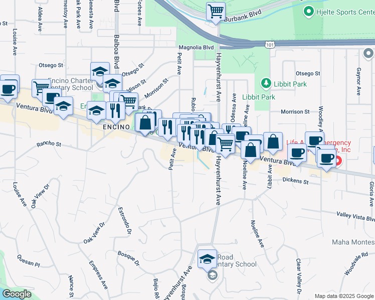 map of restaurants, bars, coffee shops, grocery stores, and more near 16624 Ventura Boulevard in Los Angeles