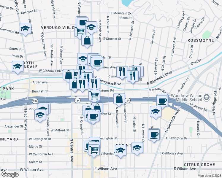 map of restaurants, bars, coffee shops, grocery stores, and more near 333 Monterey Road in Glendale