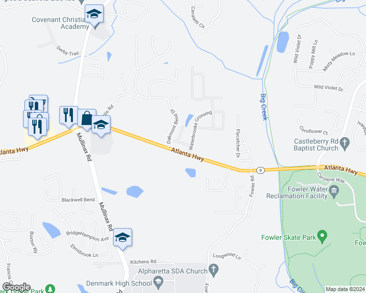 map of restaurants, bars, coffee shops, grocery stores, and more near 4655 Woodbine Way in Alpharetta
