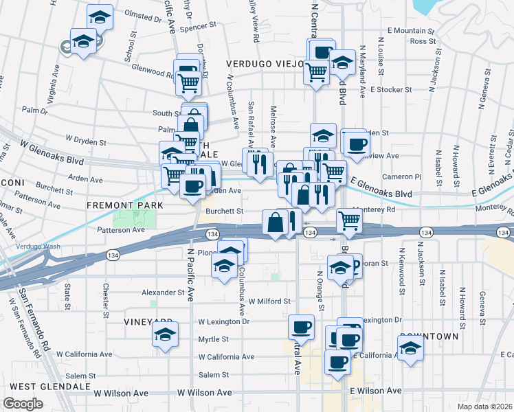 map of restaurants, bars, coffee shops, grocery stores, and more near 365 Burchett Street in Glendale