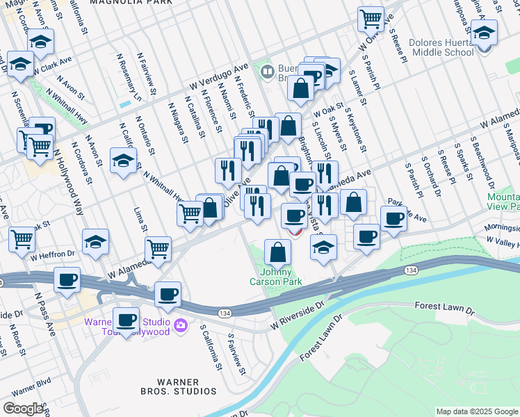 map of restaurants, bars, coffee shops, grocery stores, and more near 2701 West Alameda Avenue in Burbank