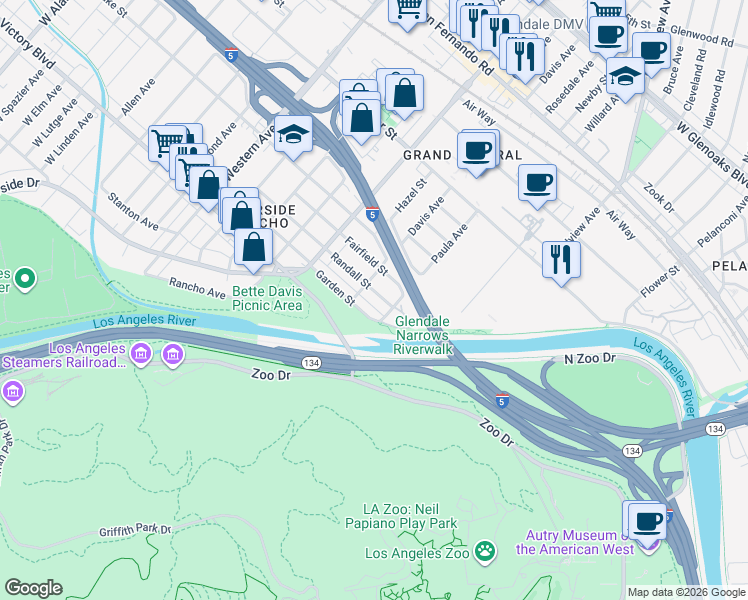 map of restaurants, bars, coffee shops, grocery stores, and more near 1319 Randall Street in Glendale