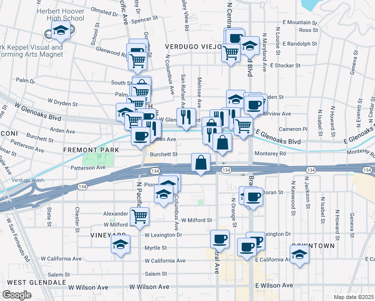 map of restaurants, bars, coffee shops, grocery stores, and more near 365 Burchett Street in Glendale