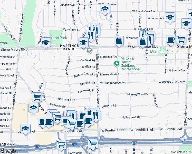 map of restaurants, bars, coffee shops, grocery stores, and more near 3890 Shadow Grove Road in Pasadena