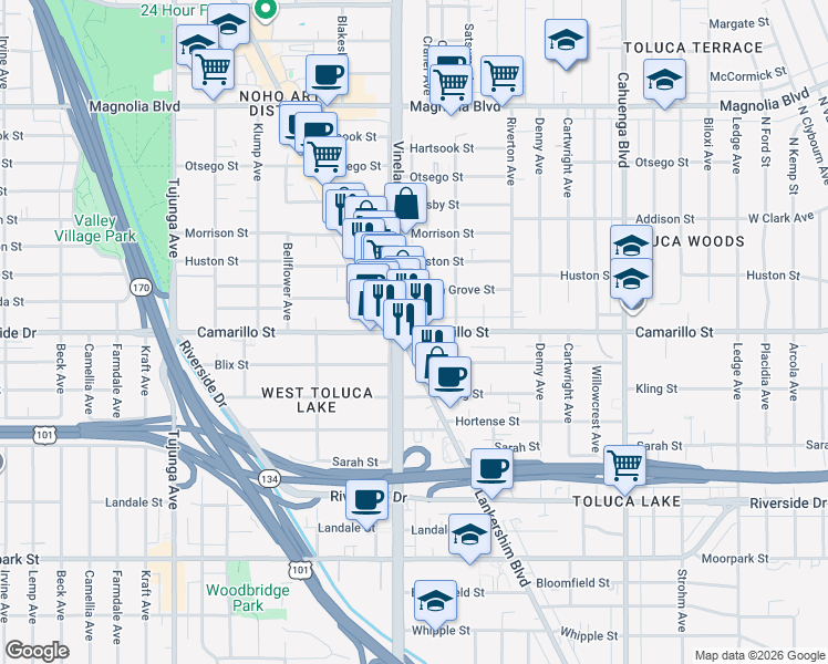 map of restaurants, bars, coffee shops, grocery stores, and more near 10943 Camarillo St in NORTH HOLLYWOOD
