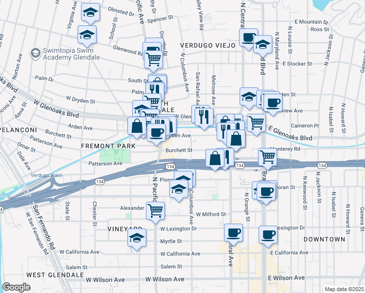 map of restaurants, bars, coffee shops, grocery stores, and more near 409 Burchett Street in Glendale