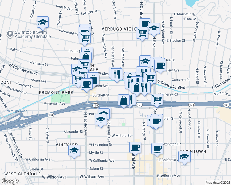 map of restaurants, bars, coffee shops, grocery stores, and more near 365 Burchett Street in Glendale