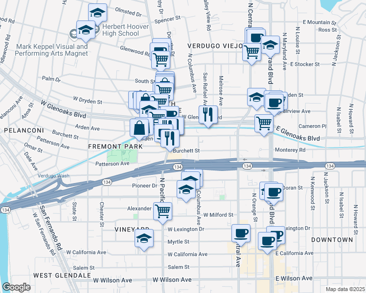 map of restaurants, bars, coffee shops, grocery stores, and more near 431 Burchett Street in Glendale