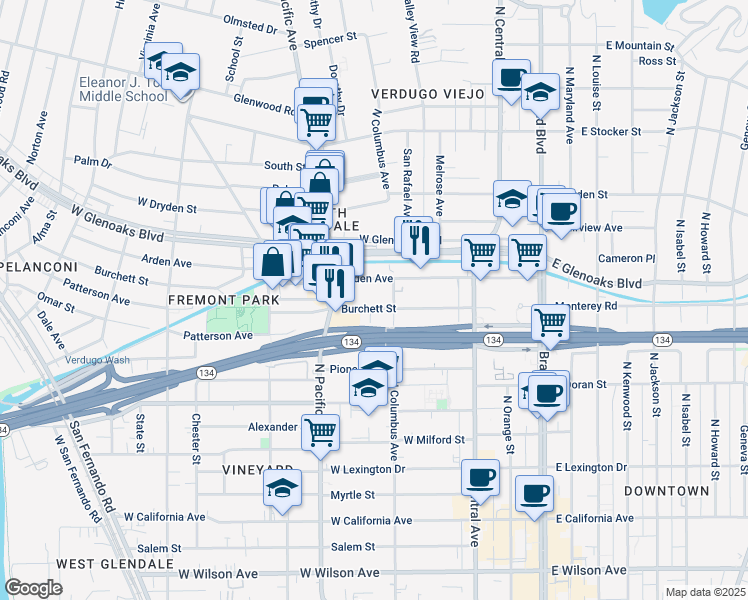 map of restaurants, bars, coffee shops, grocery stores, and more near 409 Burchett Street in Glendale