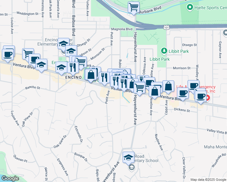 map of restaurants, bars, coffee shops, grocery stores, and more near 16624 Ventura Boulevard in Los Angeles