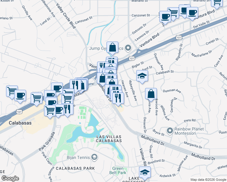 map of restaurants, bars, coffee shops, grocery stores, and more near 23349 Mulholland Drive in Los Angeles