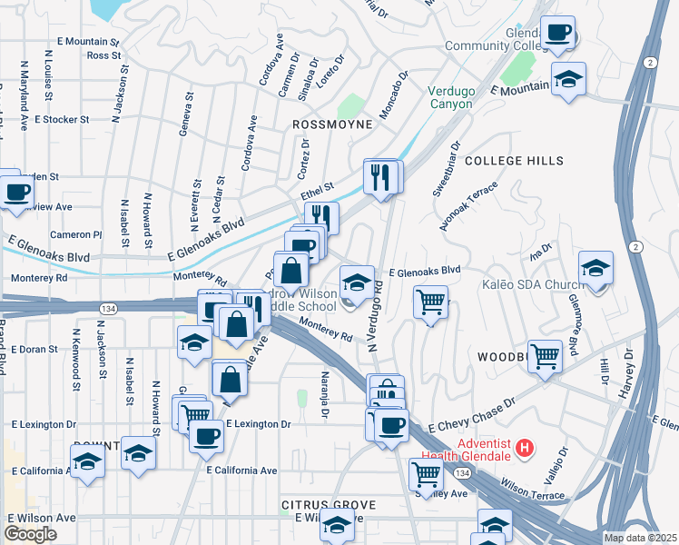 map of restaurants, bars, coffee shops, grocery stores, and more near 820 North Adams Street in Glendale