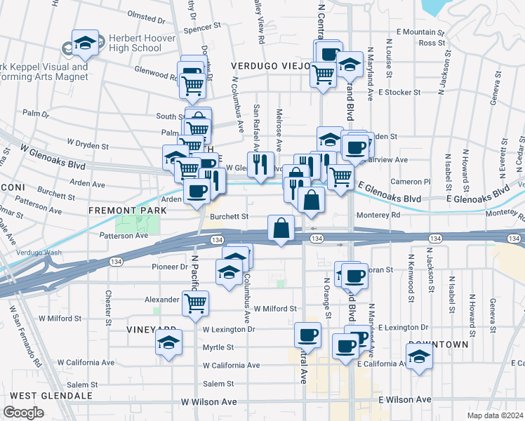map of restaurants, bars, coffee shops, grocery stores, and more near 345 Burchett Street in Glendale