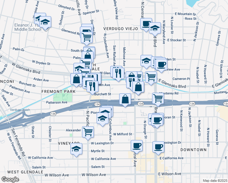 map of restaurants, bars, coffee shops, grocery stores, and more near 815 North Columbus Avenue in Glendale