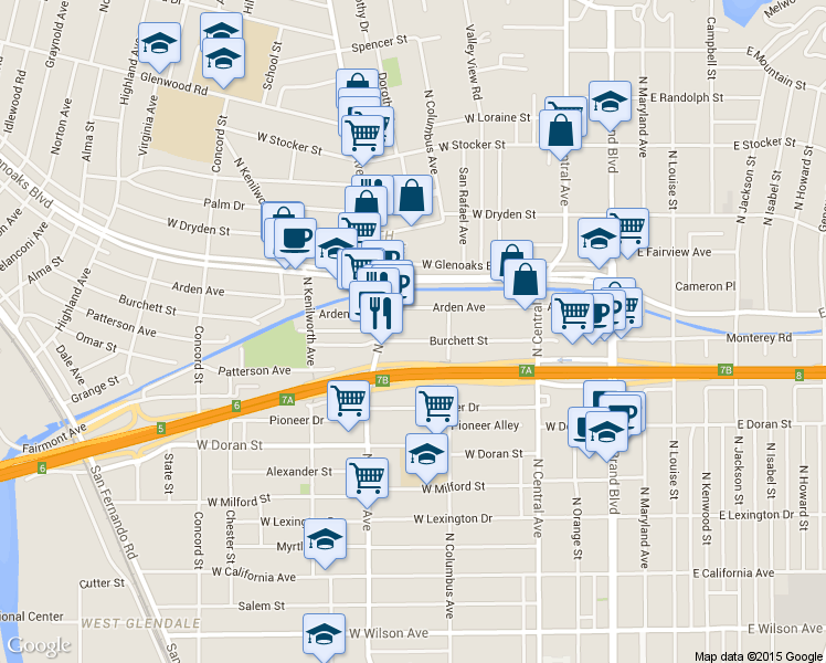 map of restaurants, bars, coffee shops, grocery stores, and more near 431 Burchett Street in Glendale