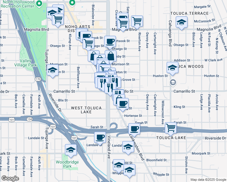 map of restaurants, bars, coffee shops, grocery stores, and more near 4817 Craner Avenue in Los Angeles