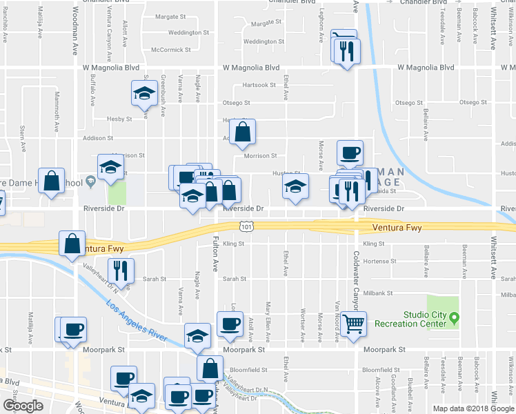 map of restaurants, bars, coffee shops, grocery stores, and more near 13205 Riverside Drive in Los Angeles