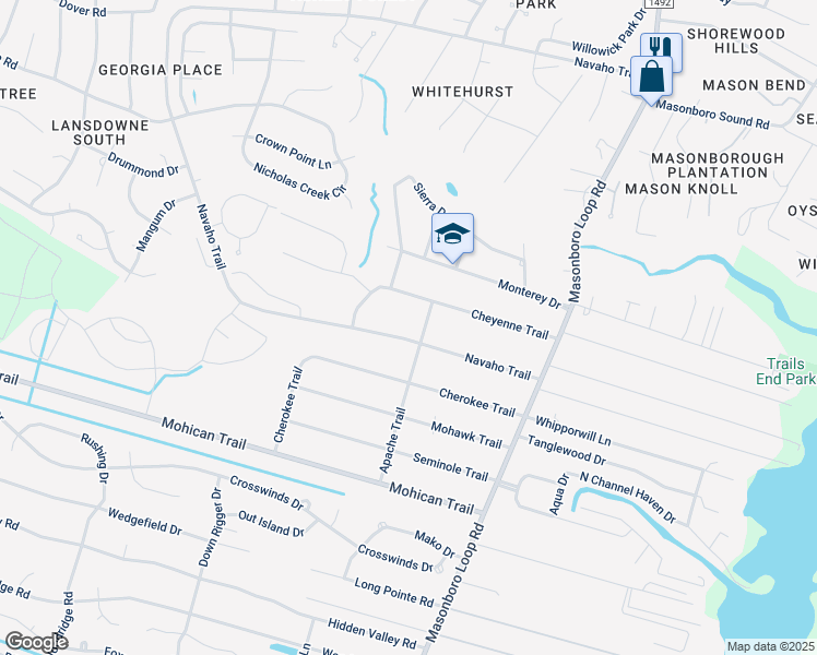 map of restaurants, bars, coffee shops, grocery stores, and more near 106 Apache Trail in Wilmington