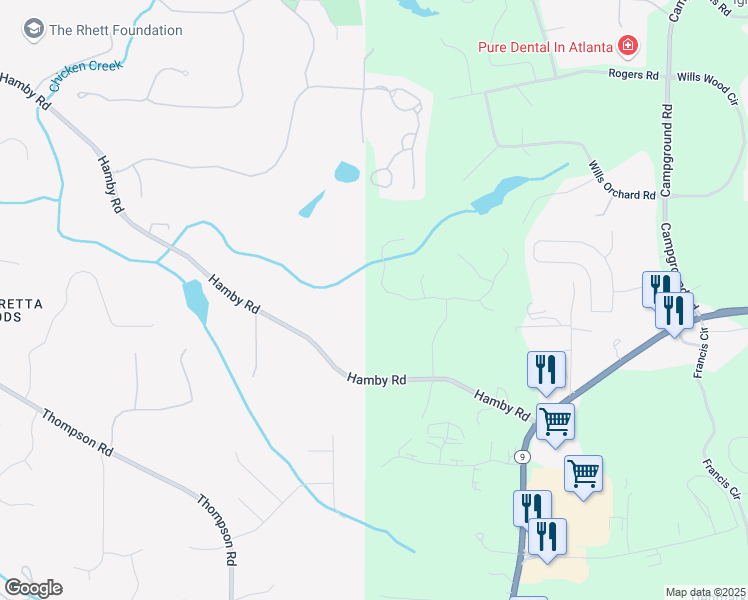 map of restaurants, bars, coffee shops, grocery stores, and more near 3605 Hamby Oaks Drive in Alpharetta