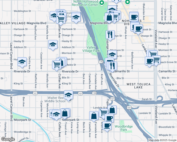 map of restaurants, bars, coffee shops, grocery stores, and more near 11505 Riverside Dr in North Hollywood