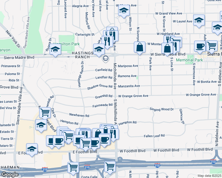 map of restaurants, bars, coffee shops, grocery stores, and more near 3880 Shadow Grove Road in Pasadena
