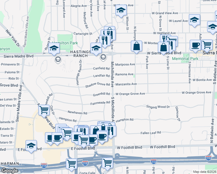 map of restaurants, bars, coffee shops, grocery stores, and more near 3885 Shadow Grove Road in Pasadena