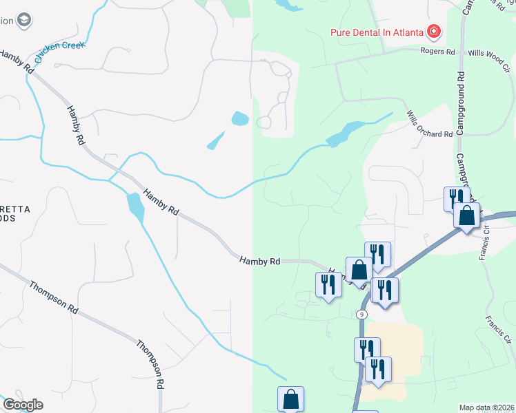 map of restaurants, bars, coffee shops, grocery stores, and more near 3605 Hamby Oaks Drive in Alpharetta