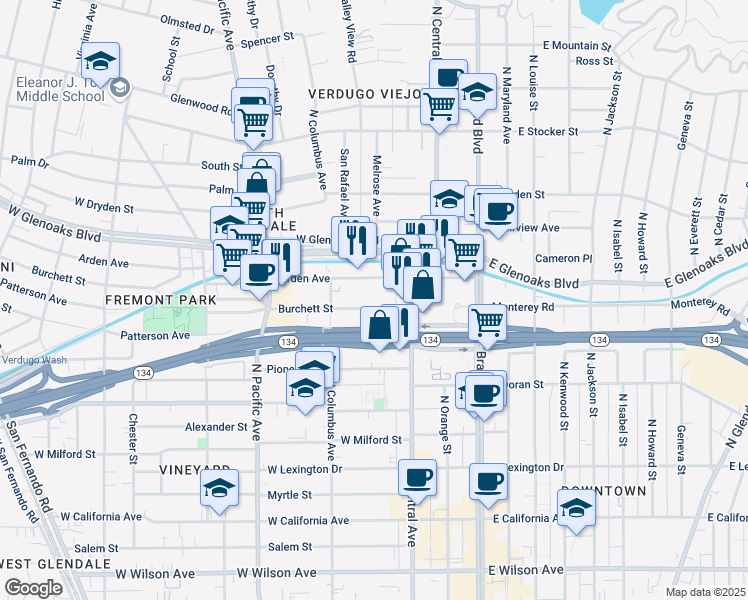 map of restaurants, bars, coffee shops, grocery stores, and more near 345 Burchett Street in Glendale