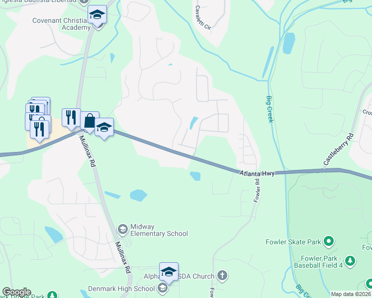 map of restaurants, bars, coffee shops, grocery stores, and more near 4665 Woodbine Way in Alpharetta