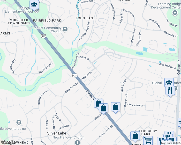 map of restaurants, bars, coffee shops, grocery stores, and more near Matteo Drive in Wilmington