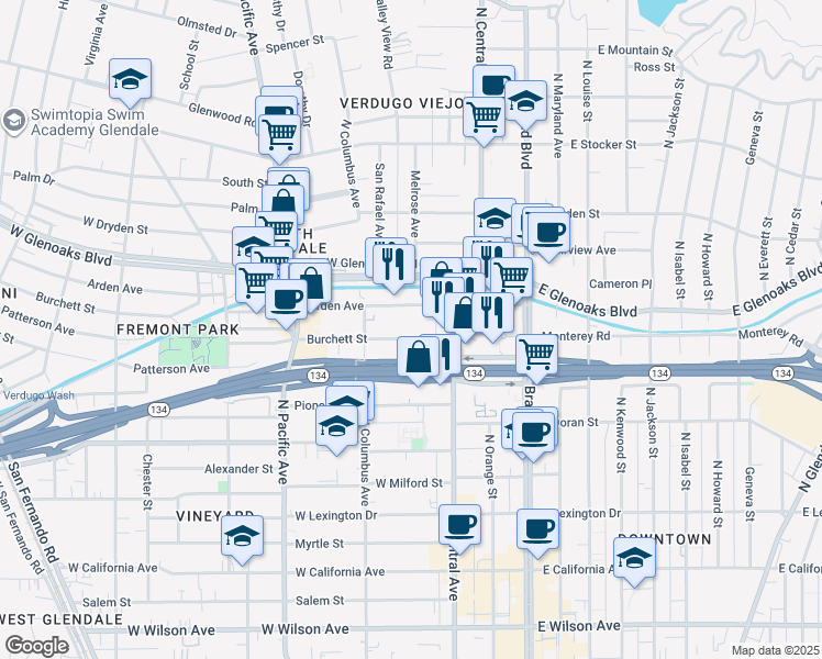 map of restaurants, bars, coffee shops, grocery stores, and more near 333 Burchett Street in Glendale