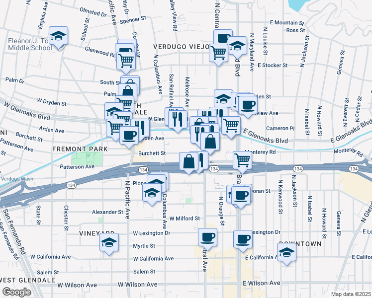 map of restaurants, bars, coffee shops, grocery stores, and more near 350 Arden Avenue in Glendale