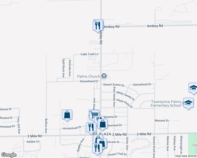map of restaurants, bars, coffee shops, grocery stores, and more near 5276 Adobe Road in Twentynine Palms