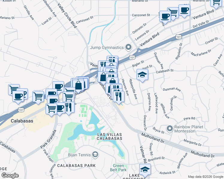 map of restaurants, bars, coffee shops, grocery stores, and more near 23349 Mulholland Drive in Los Angeles