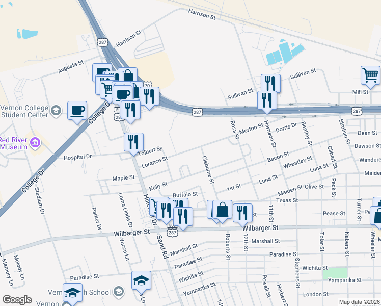 map of restaurants, bars, coffee shops, grocery stores, and more near 3805 Lorance Street in Vernon