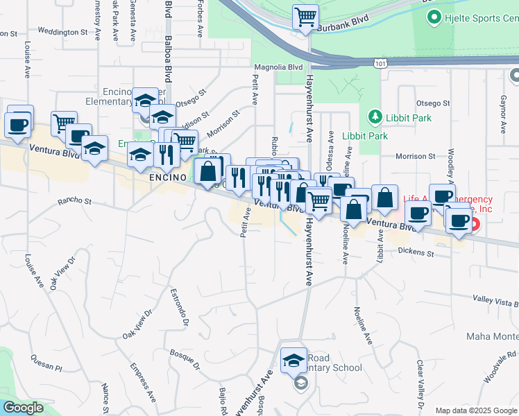 map of restaurants, bars, coffee shops, grocery stores, and more near 16624 Ventura Boulevard in Los Angeles