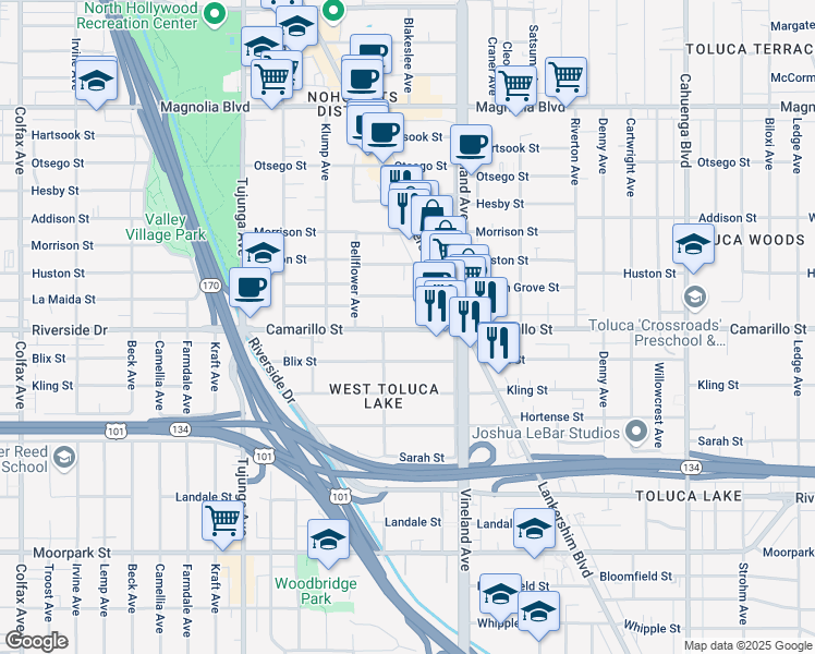 map of restaurants, bars, coffee shops, grocery stores, and more near 11103 1/2 Camarillo Street in Los Angeles