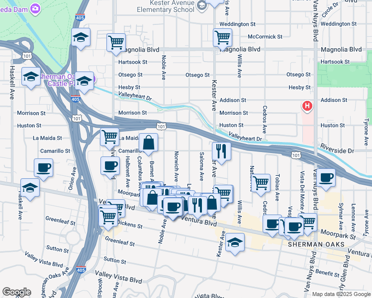 map of restaurants, bars, coffee shops, grocery stores, and more near 4803 Lemona Avenue in Los Angeles