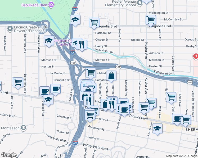 map of restaurants, bars, coffee shops, grocery stores, and more near 15231 Camarillo Street in Los Angeles