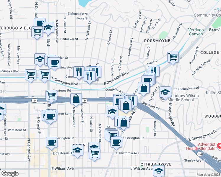 map of restaurants, bars, coffee shops, grocery stores, and more near 815 Monterey Road in Glendale