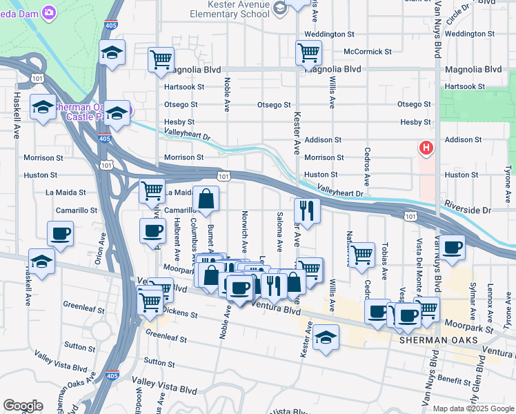 map of restaurants, bars, coffee shops, grocery stores, and more near 4803 Lemona Avenue in Los Angeles