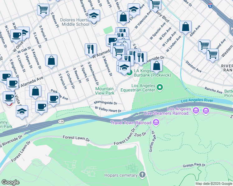 map of restaurants, bars, coffee shops, grocery stores, and more near 1304 West Riverside Drive in Burbank