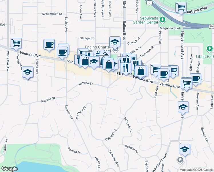 map of restaurants, bars, coffee shops, grocery stores, and more near 17003 Rancho Street in Los Angeles